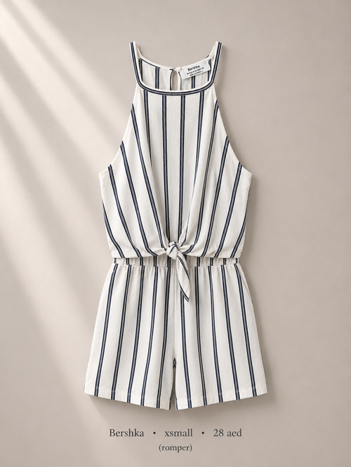 Bershka white and navy striped halter romper, size XSmall