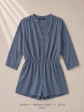 Boohoo slate blue button-down romper with 3/4 sleeves, size Medium to Semi L