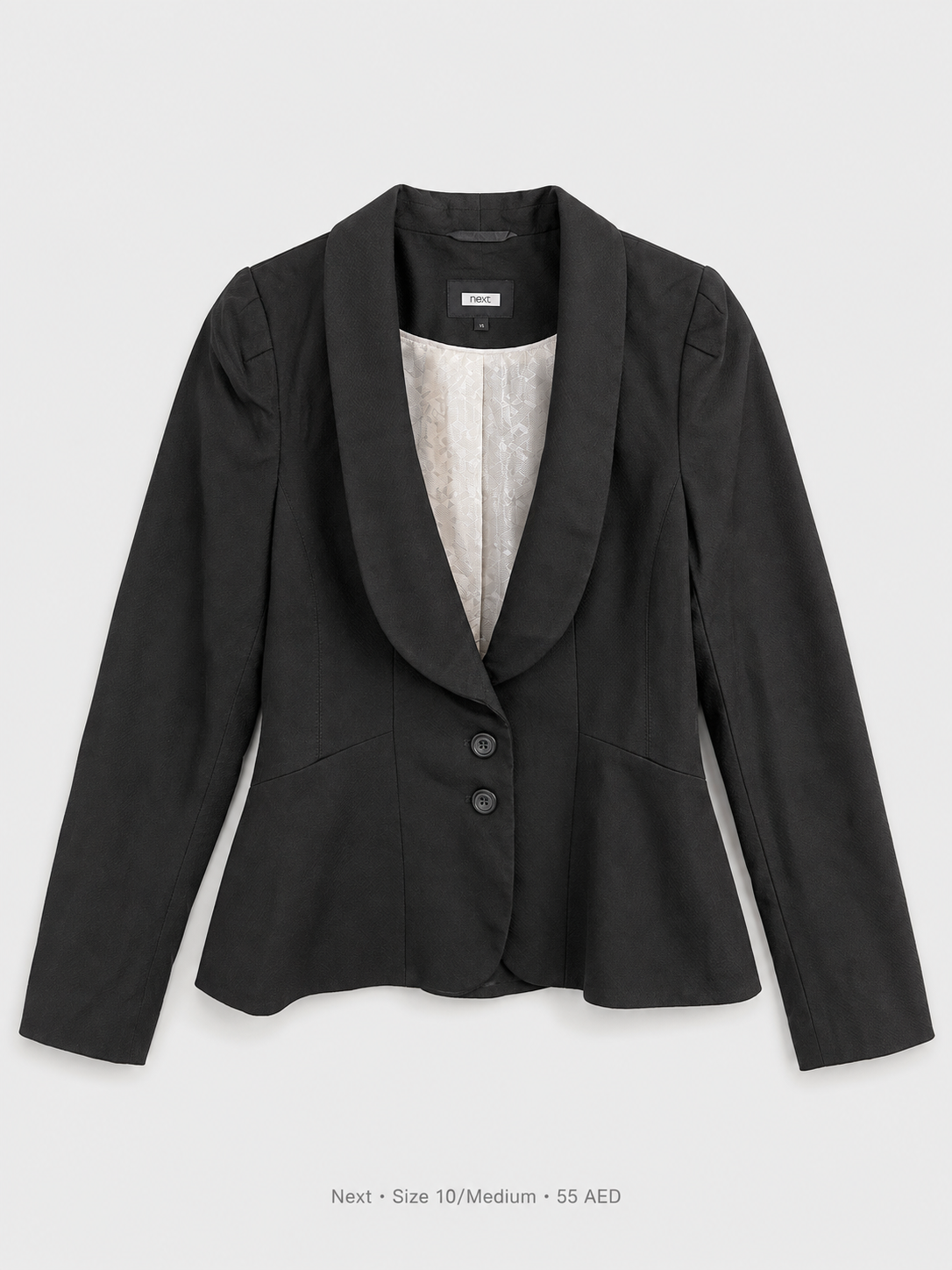 Next Shawl Collar Blazer – Size 10 Medium, black two-button with peplum hem and floral lining