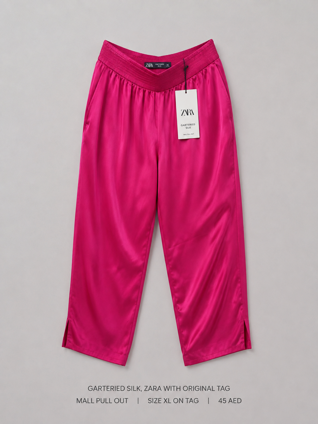 Zara Gartered Silk Wide Leg Trousers – Fuchsia – XL on Tag, vivid hot pink satin-silk with elasticated waist and side slits