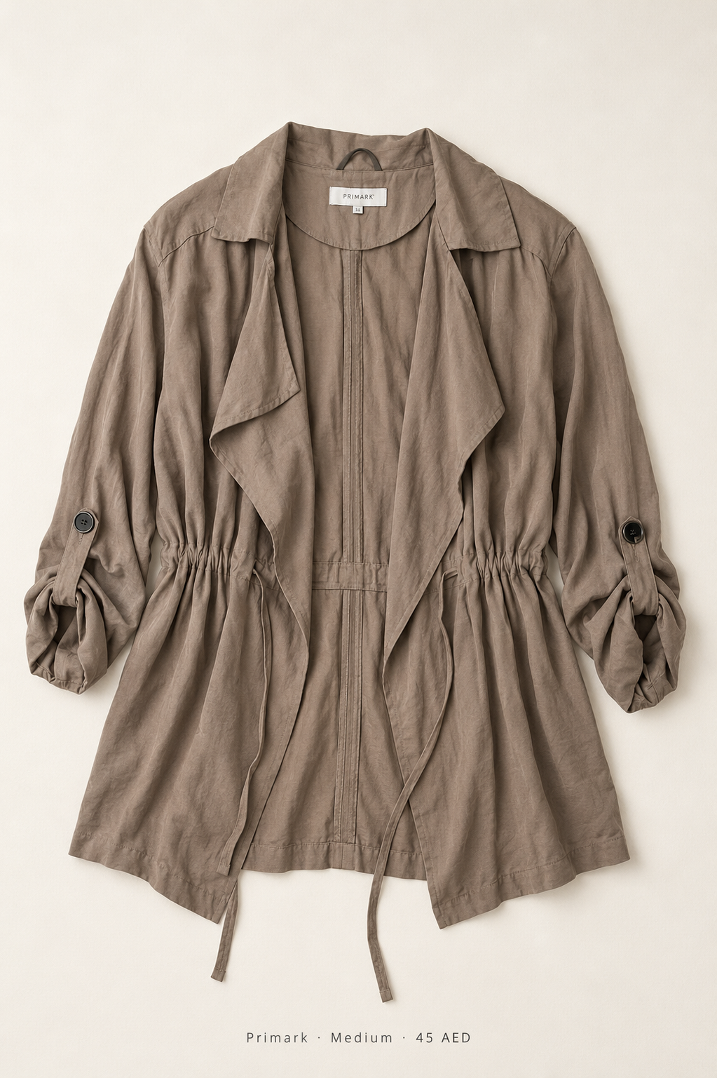 Primark Draped Trench Jacket – Medium, taupe waterfall lapel with drawstring waist
