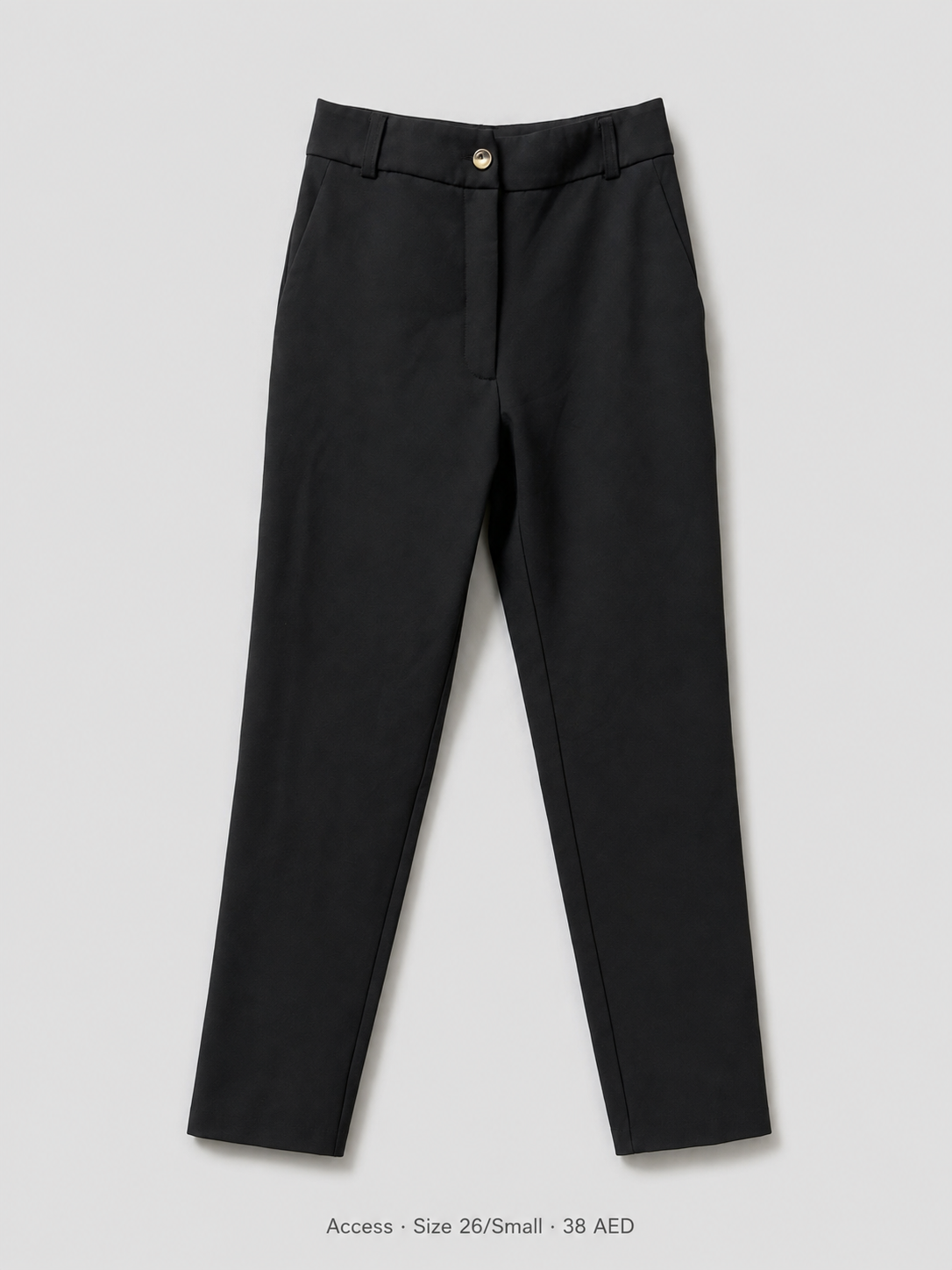 Access Tailored Slim Trousers – Size 26 Small, black high-waist tapered with gold button
