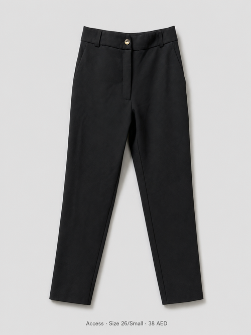 Access Tailored Slim Trousers – Size 26 Small, black high-waist tapered with gold button