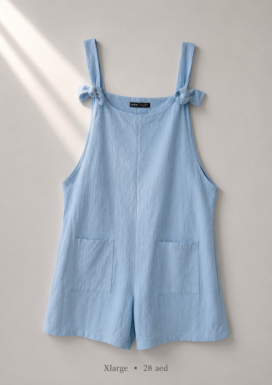 Shein powder blue tie-strap romper with patch pockets, size XLarge