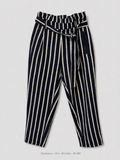 Stradivarius Striped Paperbag Trousers – US 6 28 Inches, navy white vertical stripe with self-tie belt