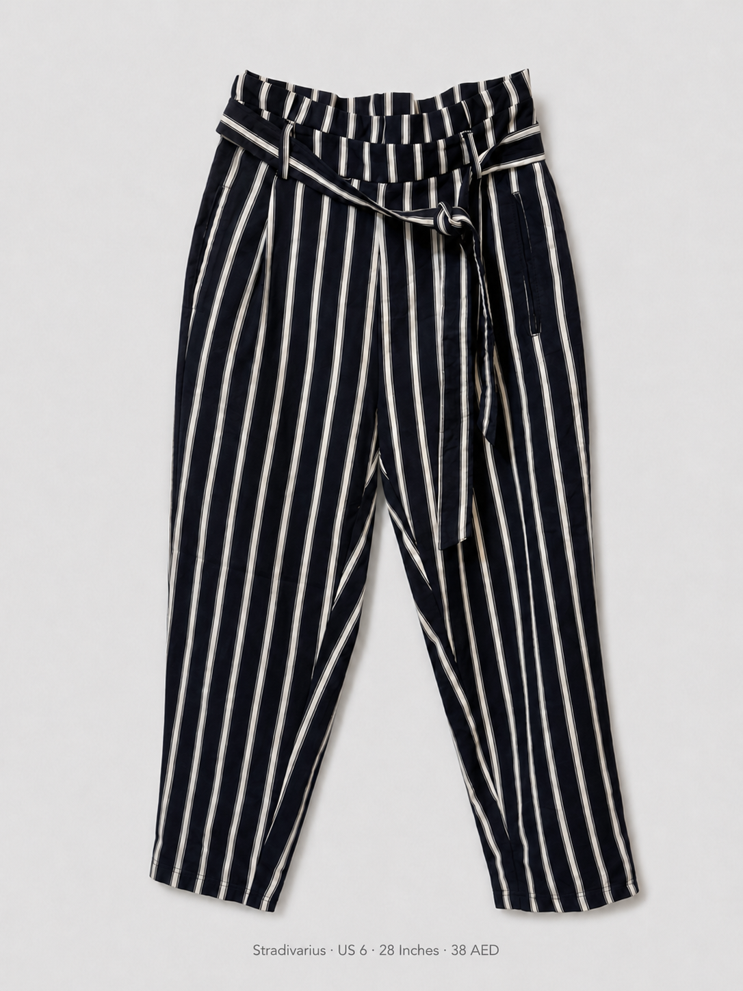 Stradivarius Striped Paperbag Trousers – US 6 28 Inches, navy white vertical stripe with self-tie belt