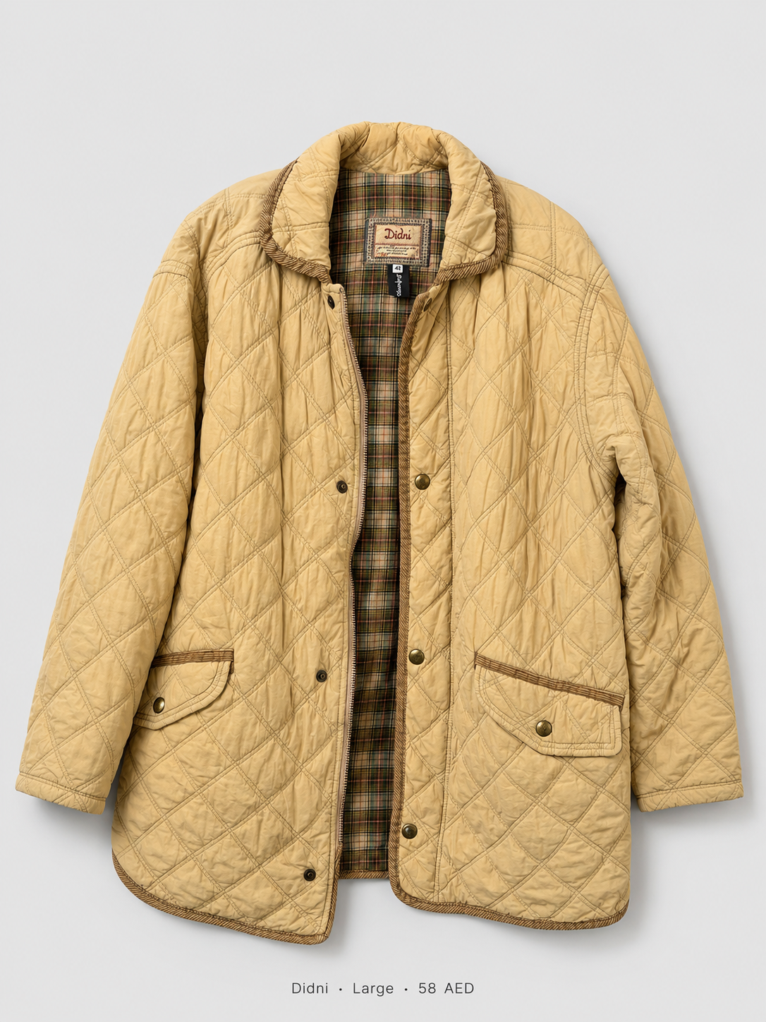 Didni Quilted Jacket – Large, camel diamond-quilted with corduroy trim and tartan lining