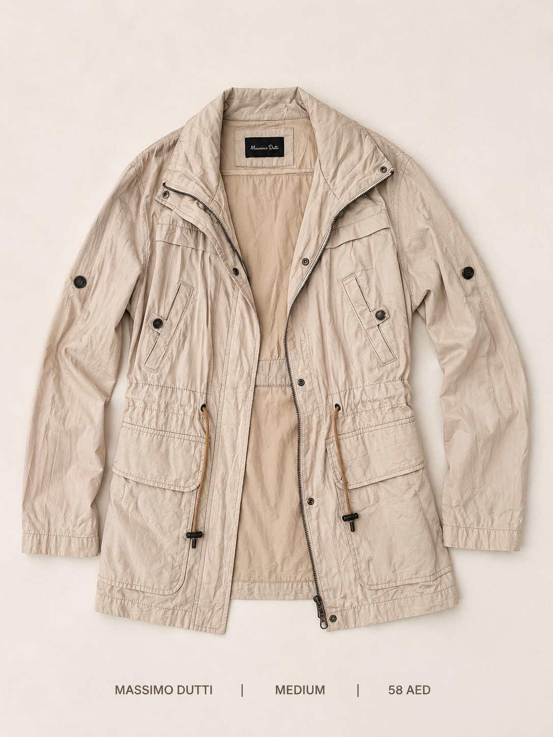 Massimo Dutti Lightweight Utility Field Jacket – Medium, warm sand with funnel collar and four snap-button flap pockets