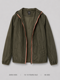 Zara Kids Hooded Windbreaker – 13-14 Years, deep olive green with red white stripe zip trim and slash pockets