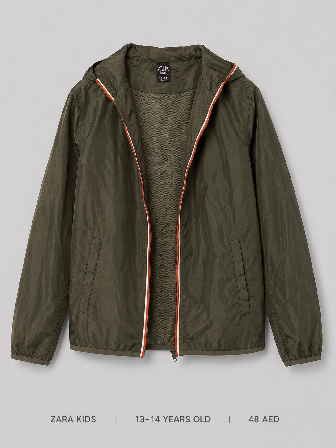 Zara Kids Hooded Windbreaker – 13-14 Years, deep olive green with red white stripe zip trim and slash pockets