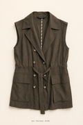 Zara Basic Safari Vest – Olive Green, sleeveless double-breasted with cargo pockets and self-tie belt
