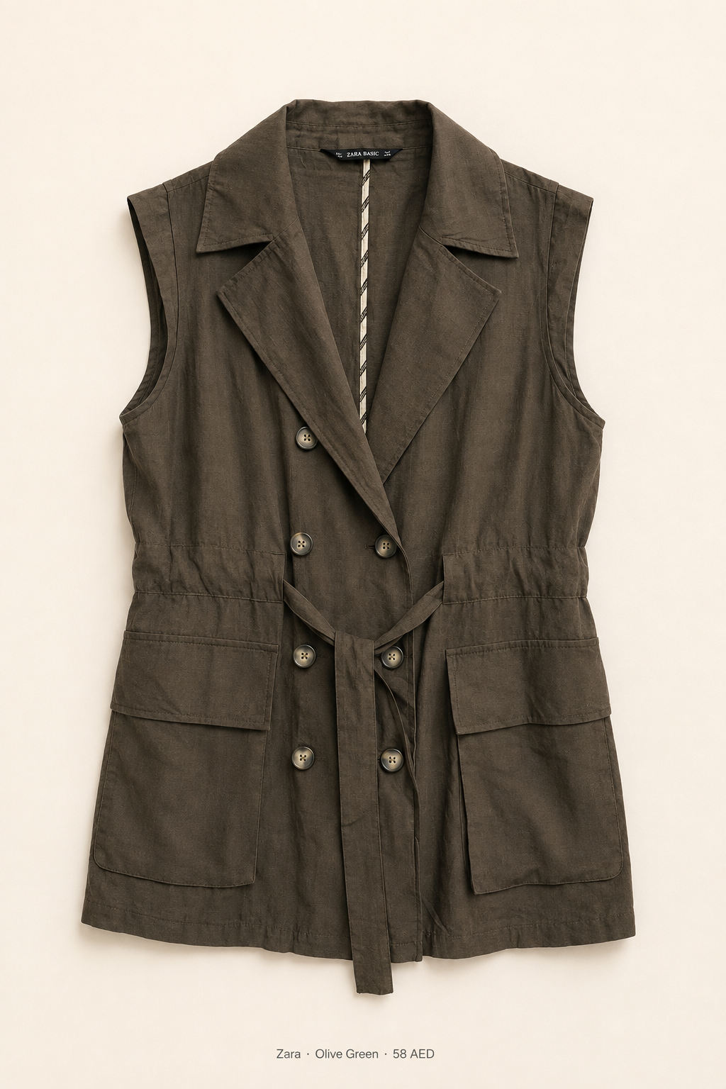 Zara Basic Safari Vest – Olive Green, sleeveless double-breasted with cargo pockets and self-tie belt