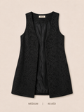 Birda Lace Overlay Open-Front Blazer Vest – Medium, deep black floral lace with satin lining and longline silhouette