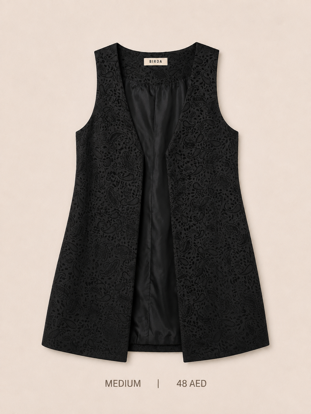 Birda Lace Overlay Open-Front Blazer Vest – Medium, deep black floral lace with satin lining and longline silhouette