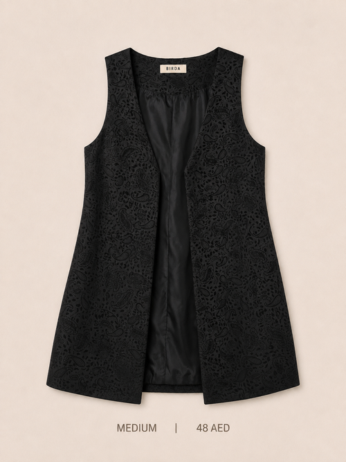 Birda Lace Overlay Open-Front Blazer Vest – Medium, deep black floral lace with satin lining and longline silhouette