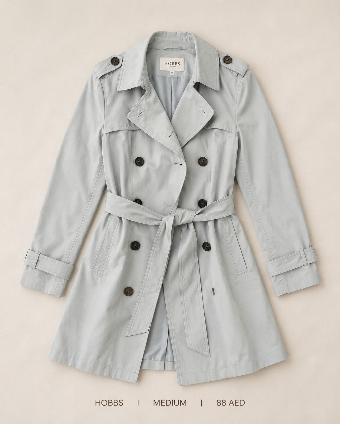 Hobbs Double-Breasted Belted Trench Coat – Medium, soft powder blue with epaulettes and self-tie belt