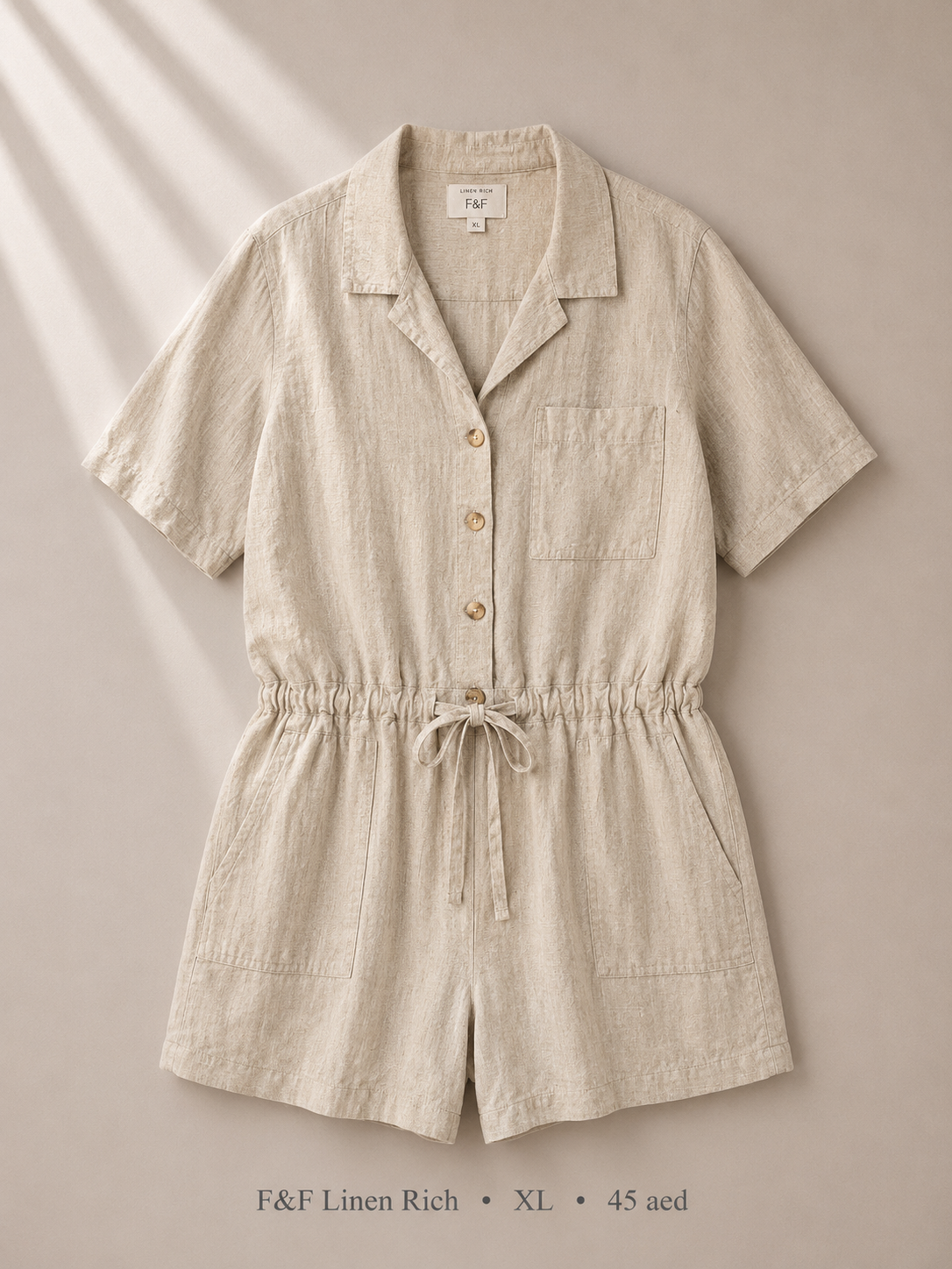 F&F Linen Rich oatmeal button-down romper, size XL