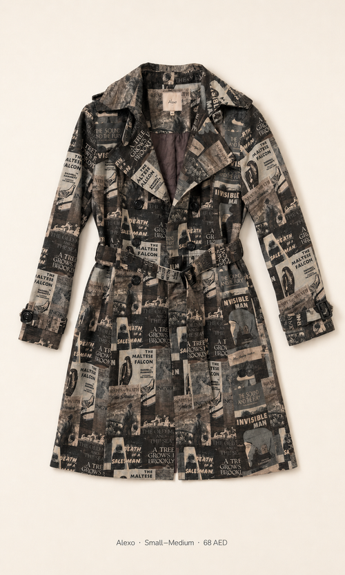 Alexo Book Print Trench Coat – Small to Medium, vintage book cover all-over print