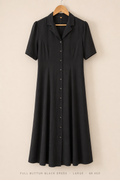Full Button Black Dress – Large, midi A-line with short puff sleeves and notched collar
