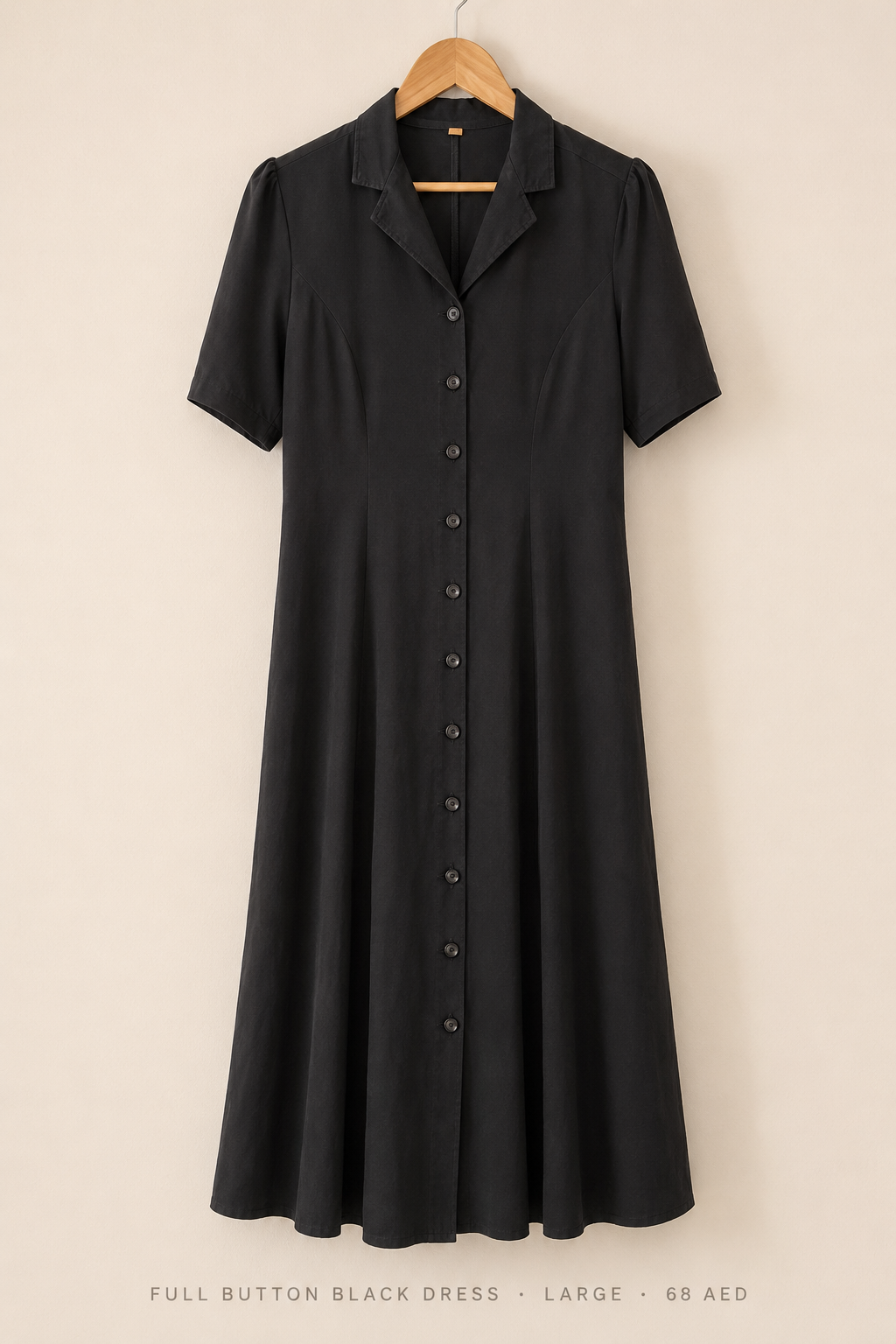 Full Button Black Dress – Large, midi A-line with short puff sleeves and notched collar