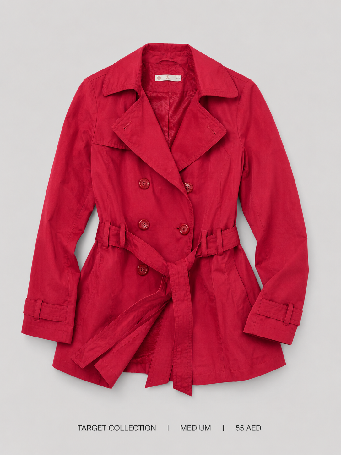 Target Collection Double-Breasted Trench Jacket – Medium, vivid cherry red with wide lapel and self-tie belt