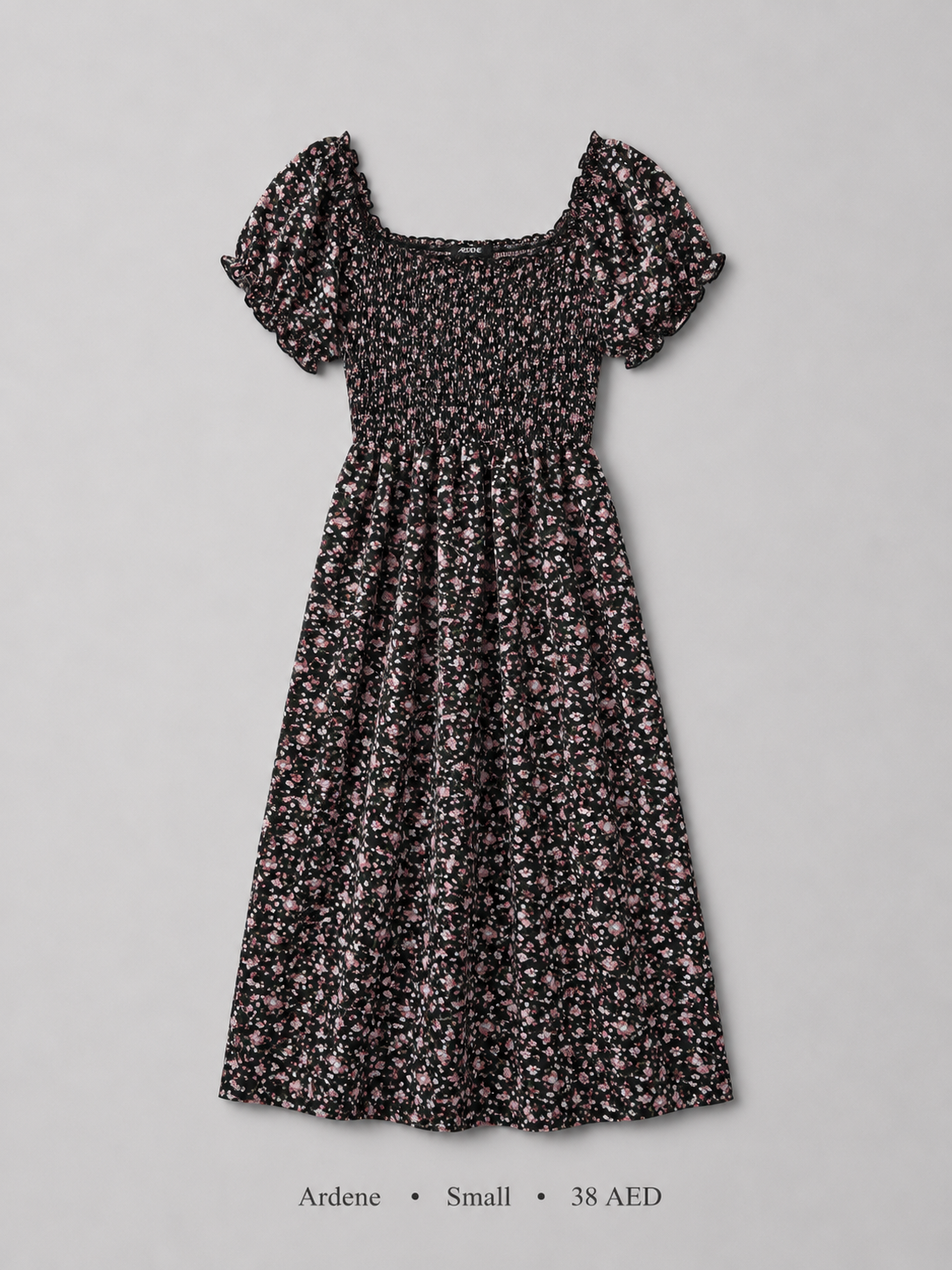 Floral Smocked Puff Sleeve Midi Dress by Ardene in Black