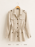M&Co Linen Drawstring Utility Safari Jacket, natural linen with four flap pockets and drawstring waist