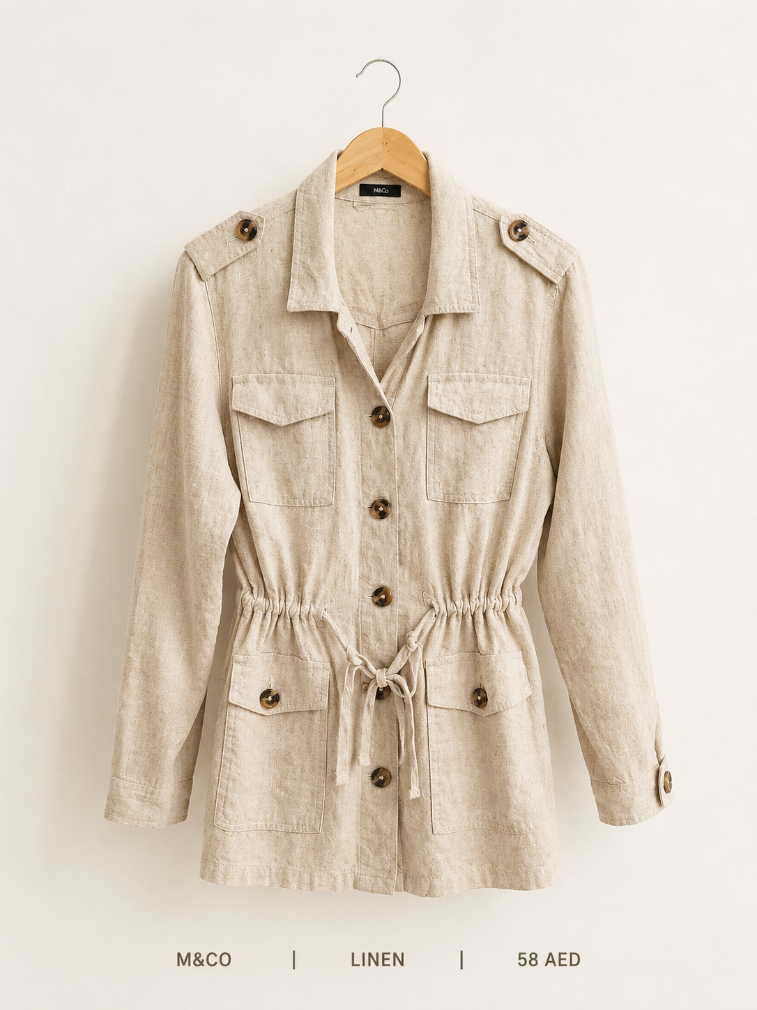 M&Co Linen Drawstring Utility Safari Jacket, natural linen with four flap pockets and drawstring waist