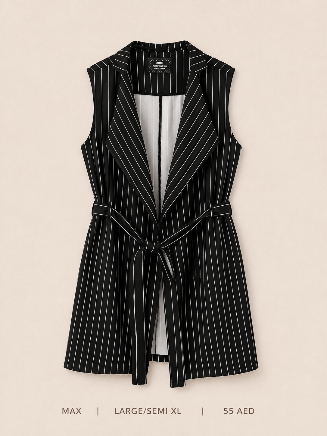 Max Outerwear Pinstripe Belted Blazer Vest – Large Semi XL, black with bold white pinstripes and self-tie belt