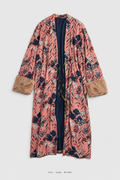 Zara Floral Kimono Coat – Large, blush pink botanical print with faux fur cuffs and navy lining