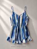 Electric blue and ivory tie-dye stripe cami romper with ruffled hem, size XLarge