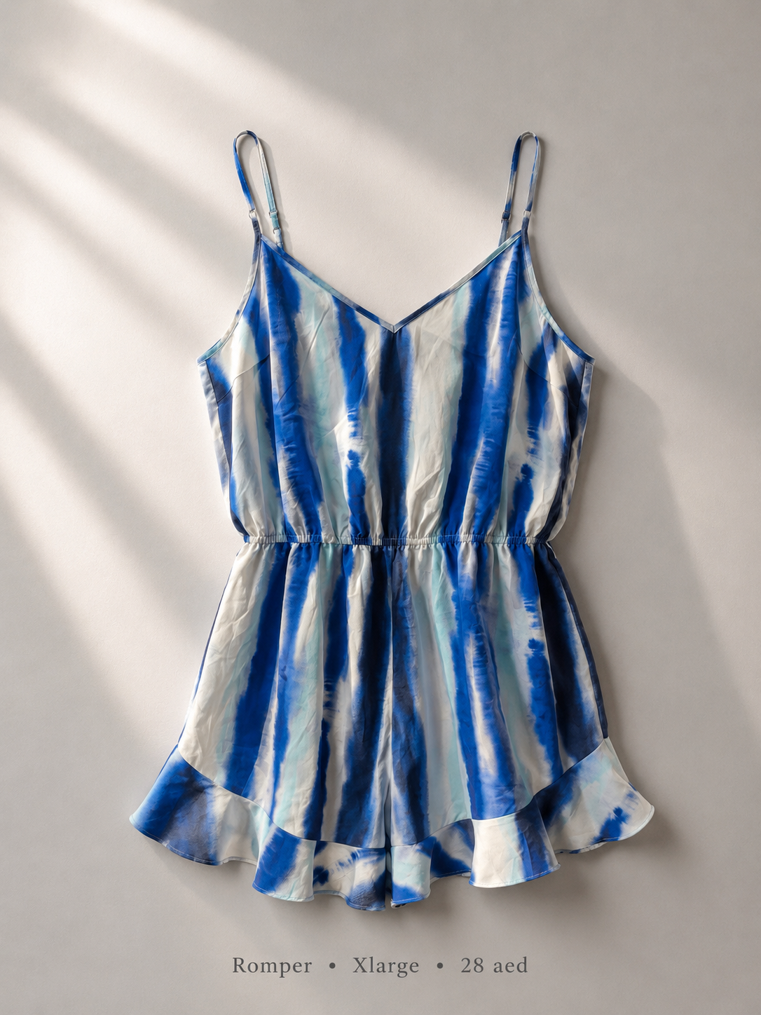 Electric blue and ivory tie-dye stripe cami romper with ruffled hem, size XLarge