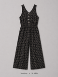 Geometric Print Button-Front Wide-Leg Jumpsuit in Black
