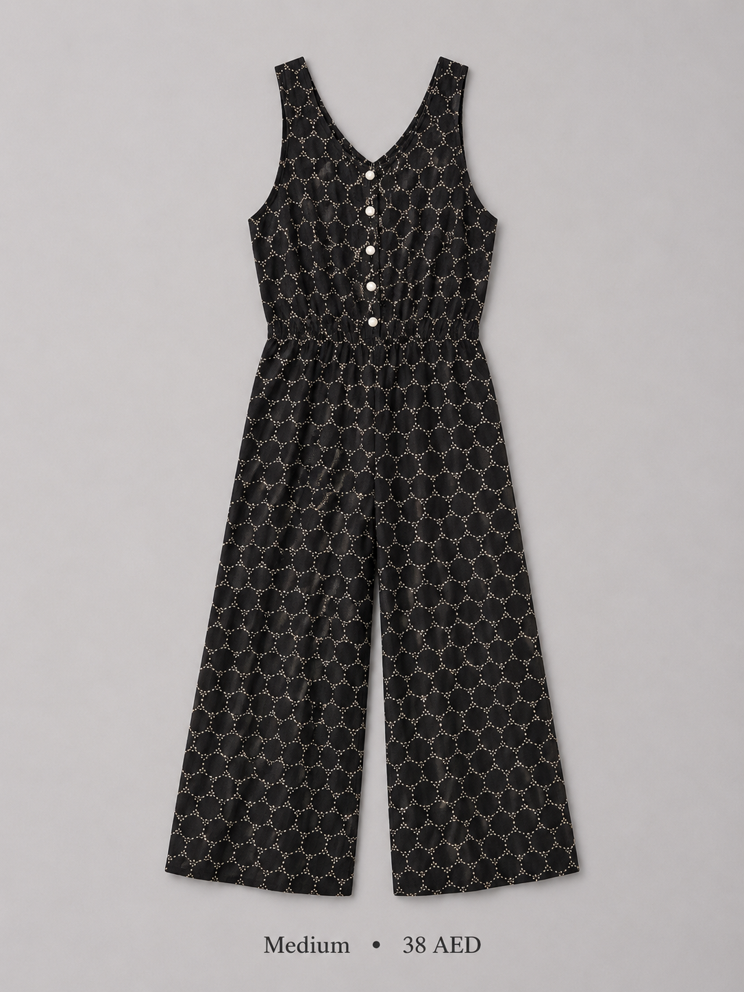 Geometric Print Button-Front Wide-Leg Jumpsuit in Black