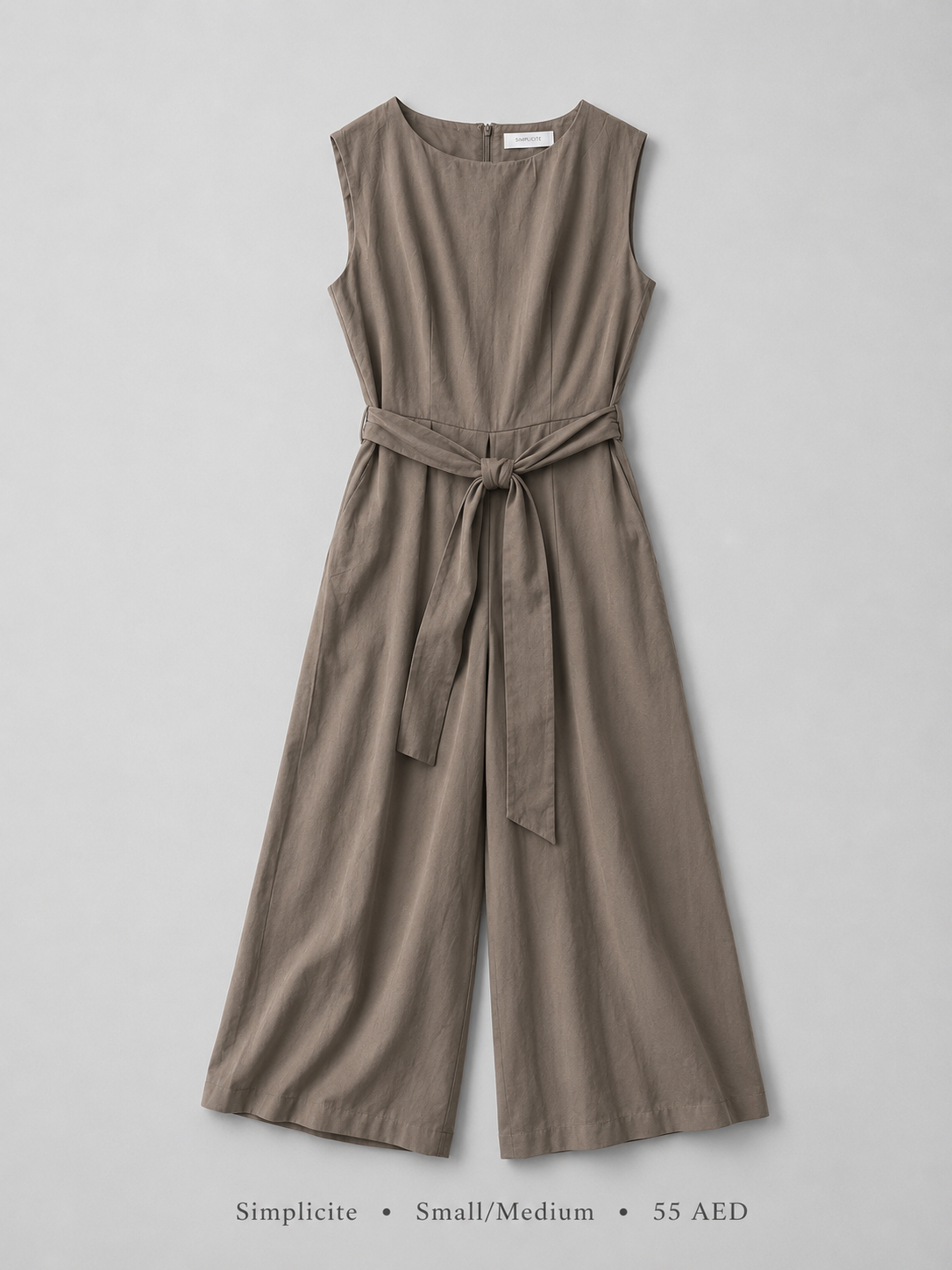 Tie-Waist Wide-Leg Jumpsuit by Simplicite in Mocha