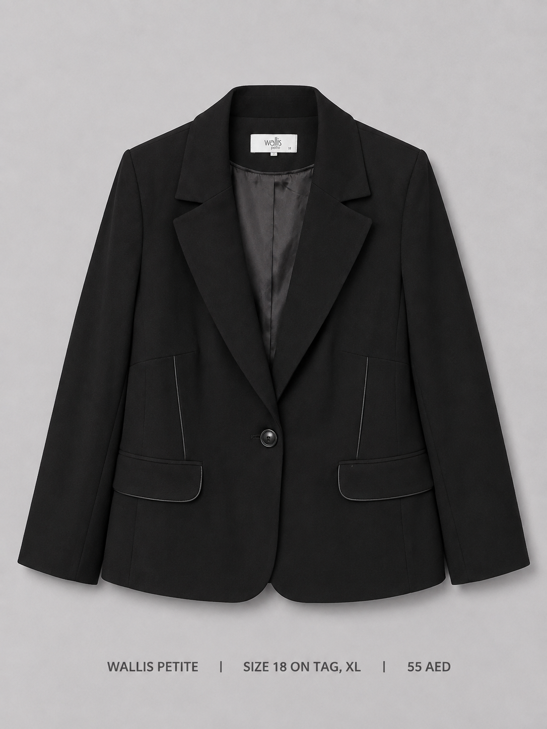 Wallis Petite Single Button Blazer – Size 18 XL, black notched lapel with satin-piped flap pockets