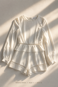Missguided ivory satin peplum romper with long sleeves and lace trim inserts, size Small