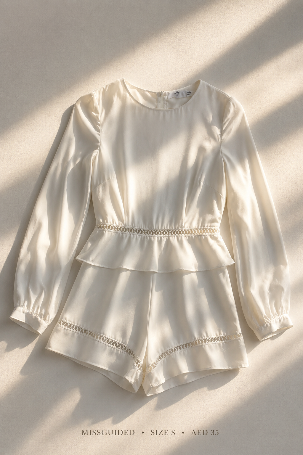 Missguided ivory satin peplum romper with long sleeves and lace trim inserts, size Small