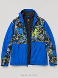Swiss Tech Printed Shell Jacket – XXL, cobalt blue abstract splatter-print with neon yellow zip pocket