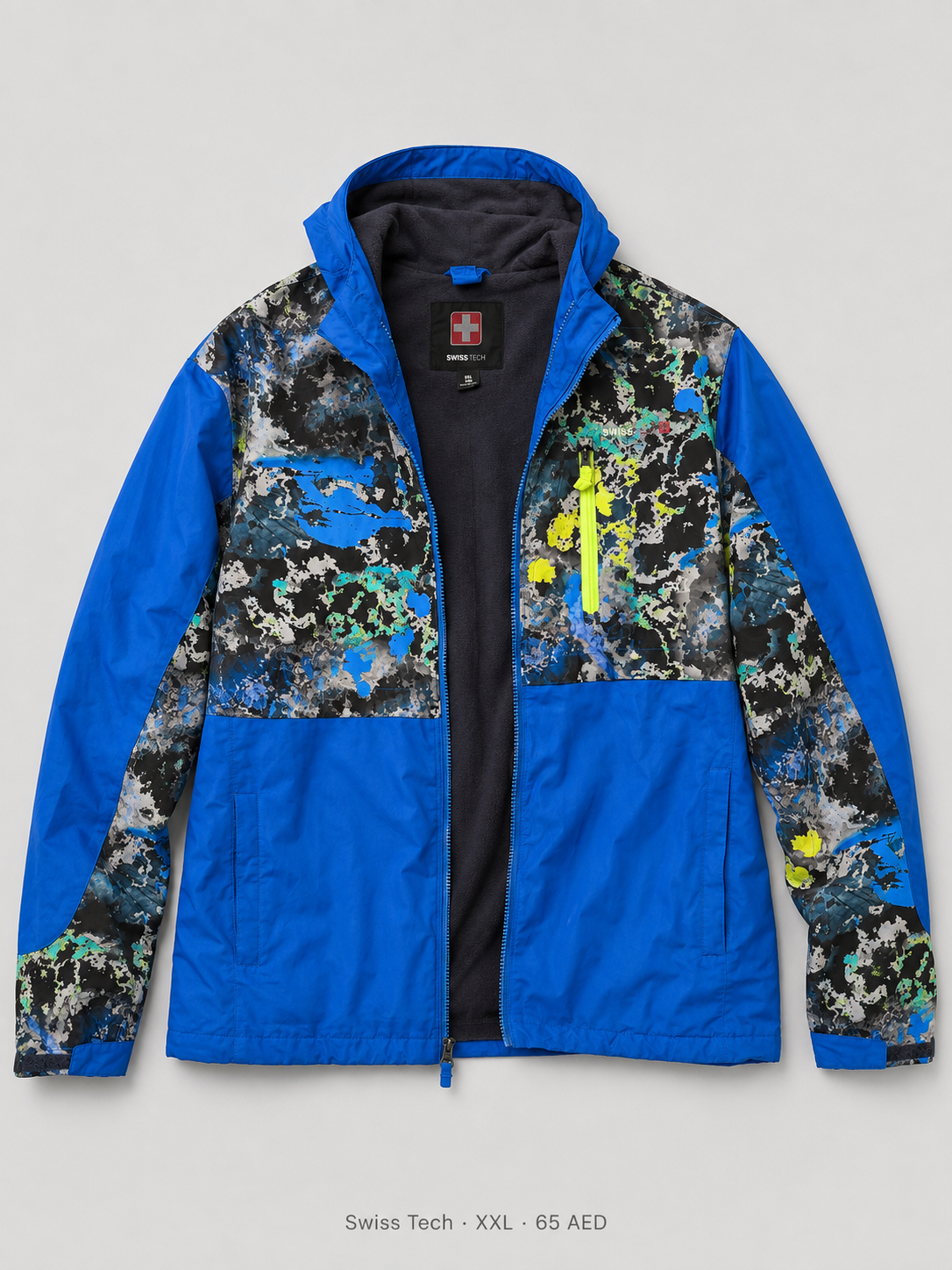 Swiss Tech Printed Shell Jacket – XXL, cobalt blue abstract splatter-print with neon yellow zip pocket