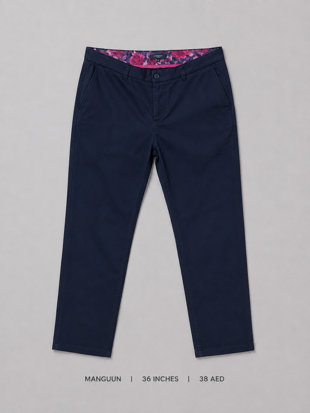 Manguun Slim Chino Trousers – 36 Inches, deep navy with floral inner waistband lining