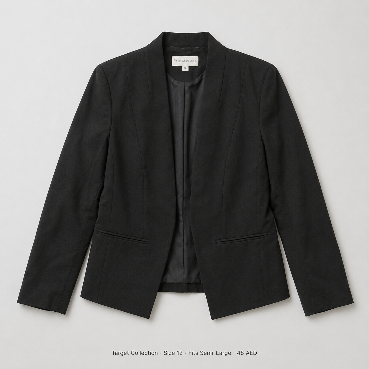 Target Collection Open Front Blazer – Size 12 Fits Semi-Large, black collarless with welt pockets