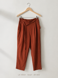 LA VÉGA Rust Belted Tapered Trousers – Small, terracotta with ruffled waist and diagonal self-tie belt
