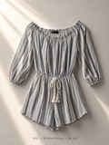 Ally multi-stripe off-shoulder puff-sleeve romper with tassel drawstring waist, size Medium/Large