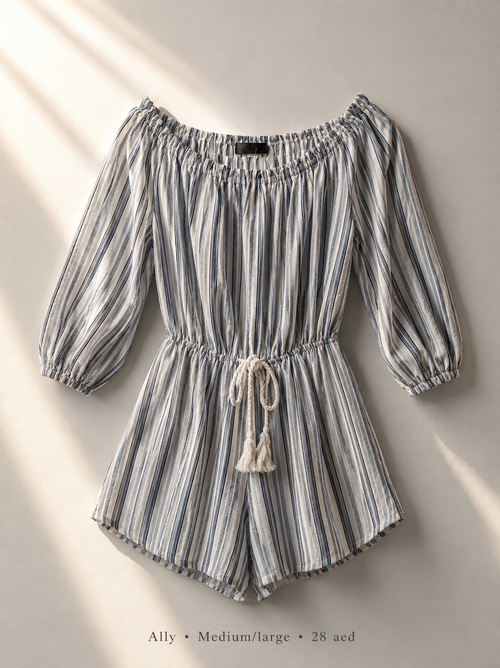 Ally multi-stripe off-shoulder puff-sleeve romper with tassel drawstring waist, size Medium/Large
