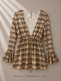 Moda Mix earth-tone chevron long-sleeve romper with ruffle bell cuffs and drawstring waist, size Small/Medium