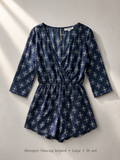 Dancing Leopard navy geometric medallion print wrap romper with 3/4 sleeves, size Large