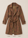 Canada Double-Breasted Floral Print Belted Trench Coat – XL, warm botanical print in rust brown olive sage with self-tie belt