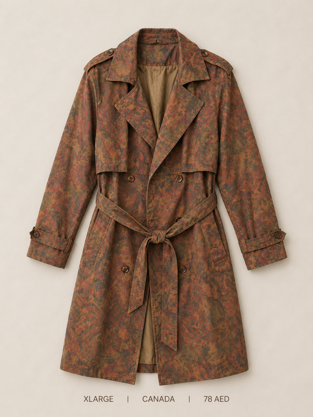 Canada Double-Breasted Floral Print Belted Trench Coat – XL, warm botanical print in rust brown olive sage with self-tie belt