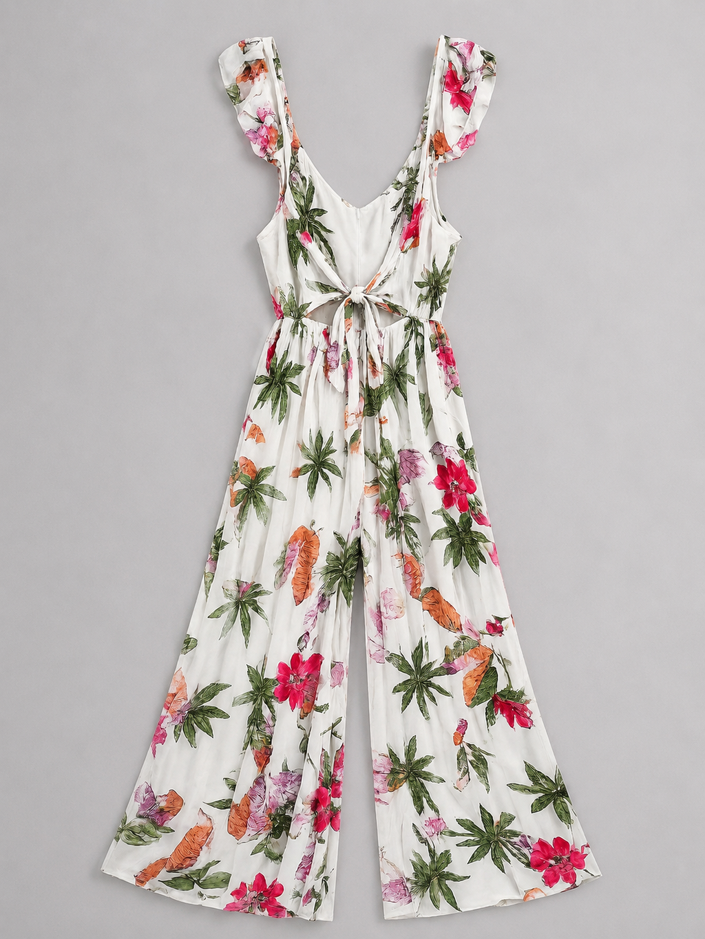 Tropical Print Ruffle Strap Tie-Front Wide-Leg Jumpsuit — Back